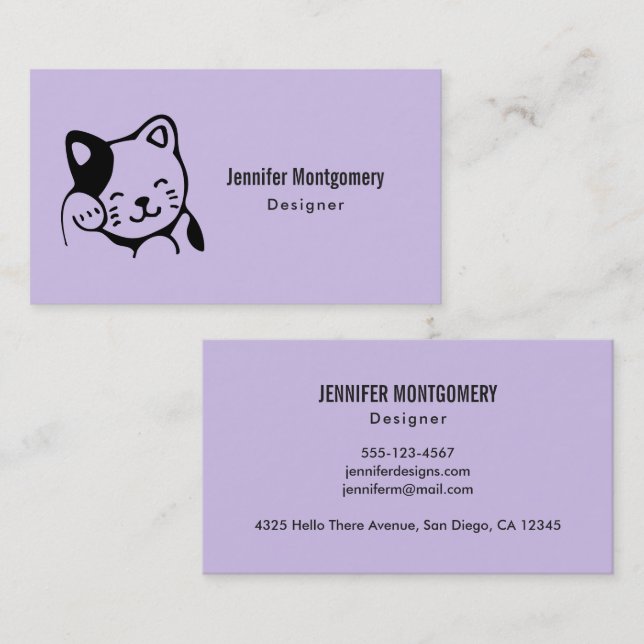 Cute Black and White Kitty Cat Waving Hello Business Card (Front/Back)