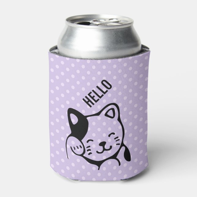 Cute Black and White Kitty Cat Waving Hello Can Cooler (Can Front)