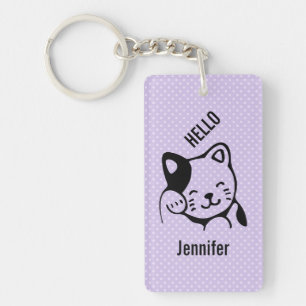Cute Black and White Kitty Cat Waving Hello Key Ring