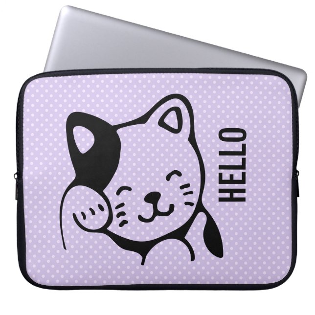 Cute Black and White Kitty Cat Waving Hello Laptop Sleeve (Front)