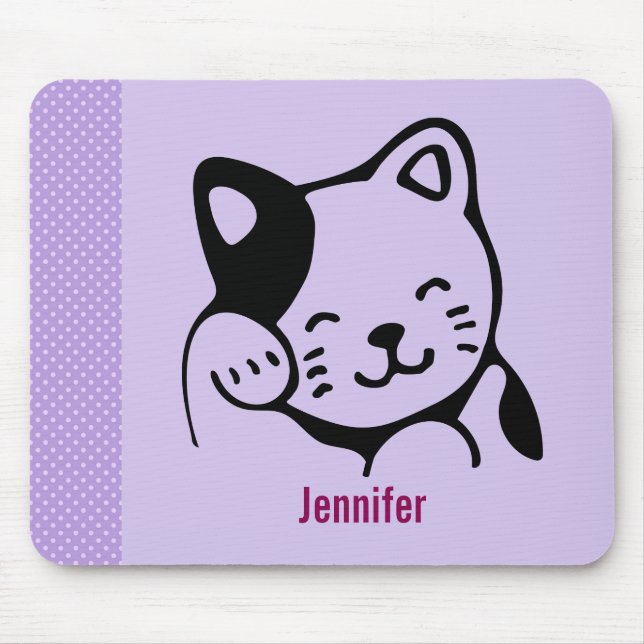Cute Black and White Kitty Cat Waving Hello Mouse Mat (Front)