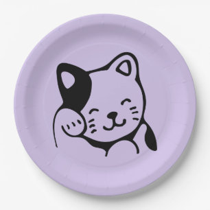 Cute Black and White Kitty Cat Waving Hello Paper Plate