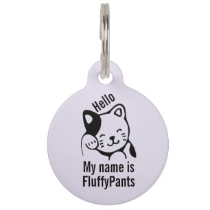 Cute Black and White Kitty Cat Waving Hello Pet Tag