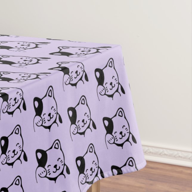 Cute Black and White Kitty Cat Waving Hello Tablecloth (In Situ)