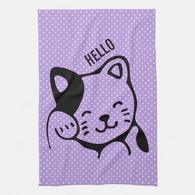 Cute Black and White Kitty Cat Waving Hello Tea Towel (Vertical)