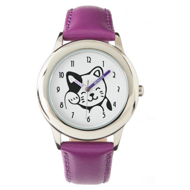 Cute Black and White Kitty Cat Waving Hello Watch (Front)
