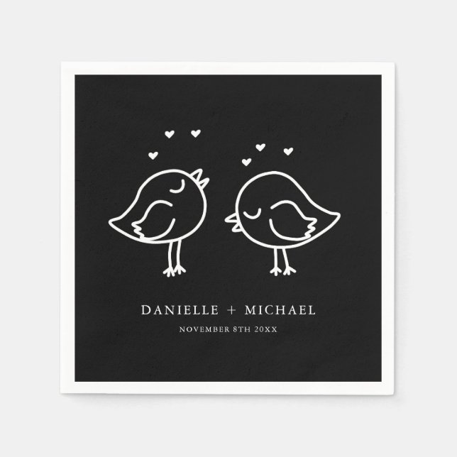 Cute Black and White Lovebirds Doodles Wedding Napkin (Front)