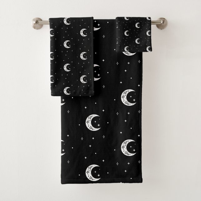 Cute Black and White Moons and Stars Bath Towel Set (Insitu)