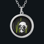 Cute black and white panda bear in a bamboo grove. silver plated necklace<br><div class="desc">What a cute and adorable illustration of a black and white panda bear sitting amongst the green bamboo stalks in a little grove,  looking happy,  friendly and loveable. Black background really makes this little panda pop!</div>