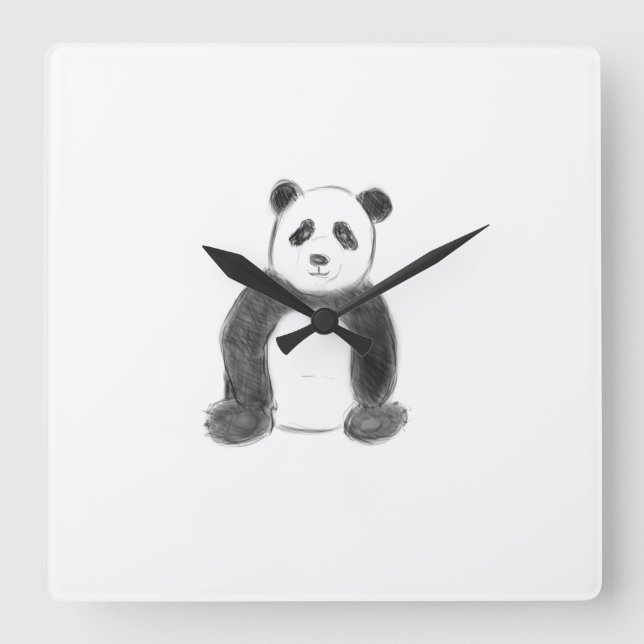 Cute black and white panda sketch square wall clock (Front)