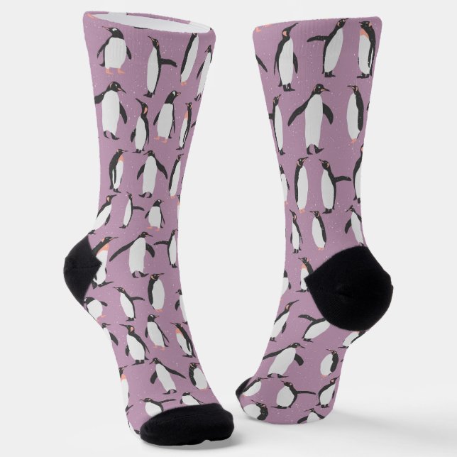 Cute Black and White Penguins on Purple Socks (Angled)