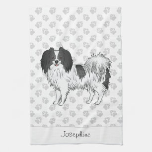 Cute Black And White Phalène Dog With Custom Name Tea Towel