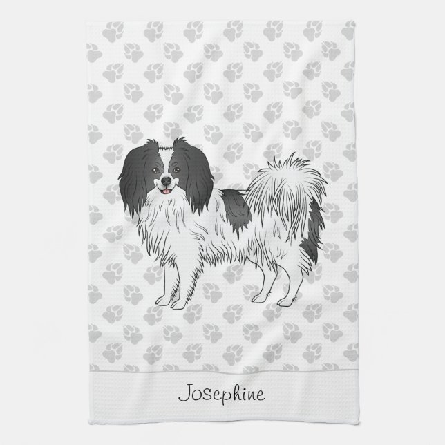 Cute Black And White Phalène Dog With Custom Name Tea Towel (Vertical)