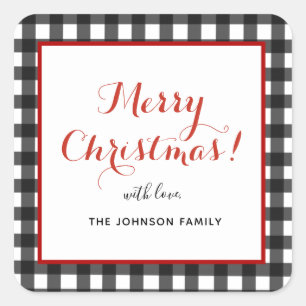 Cute Black and white plaid Merry Christmas square Square Sticker