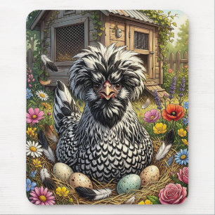 Cute Black and White Polish Chicken Mouse Mat