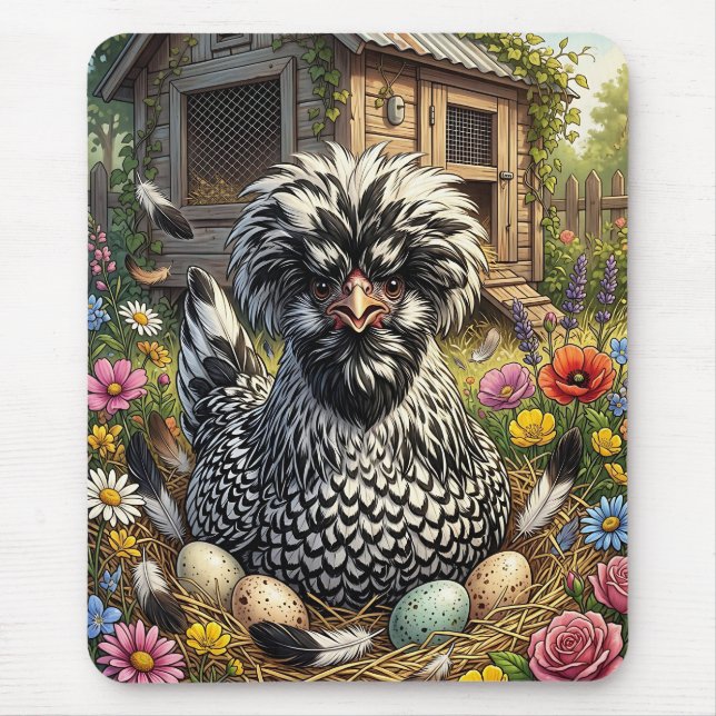 Cute Black and  White Polish Chicken Mouse Mat (Front)
