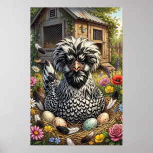 Cute Black and White Polish Chicken Poster