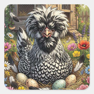 Cute Black and White Polish Chicken Square Sticker