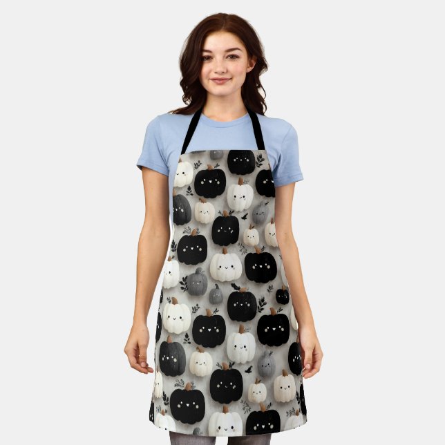 Cute Black and White Pumpkin Fall Pattern Apron (Worn)