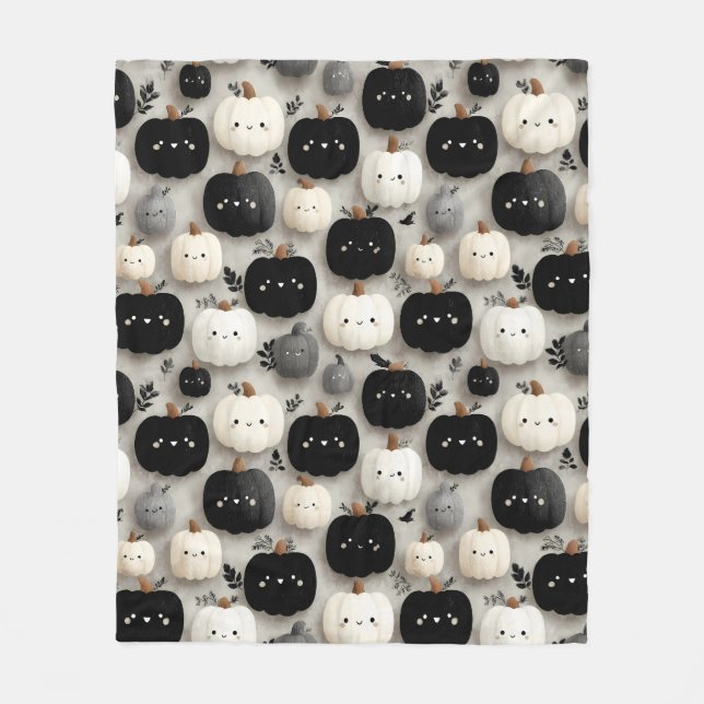 Cute Black and White Pumpkin Fall Pattern Fleece Blanket (Front)