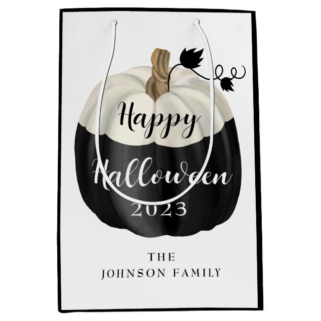 Cute Black And White Pumpkin Happy Halloween 2022 Medium Gift Bag (Front)