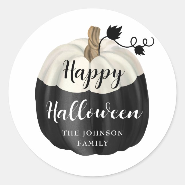 Cute Black And White Pumpkin Happy Halloween  Classic Round Sticker (Front)