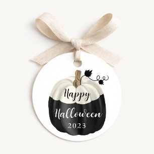 Cute Black And White Pumpkin Happy Halloween Favour Tags