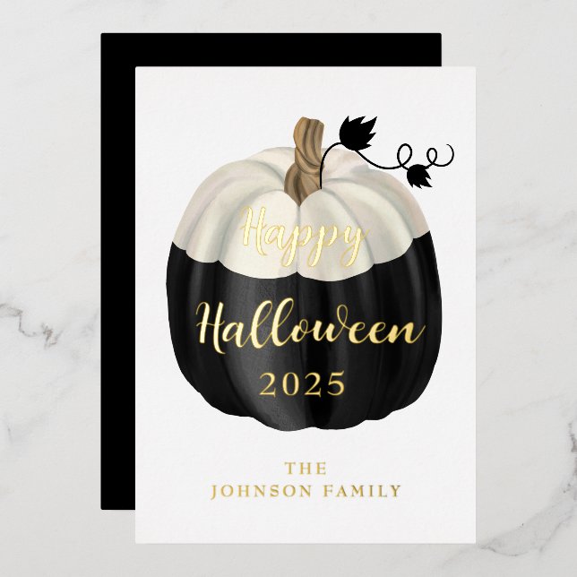 Cute Black And White Pumpkin Happy Halloween Gold Foil Holiday Card (Front/Back)