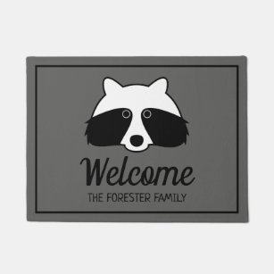 Cute black and white racoon personalised welcome doormat