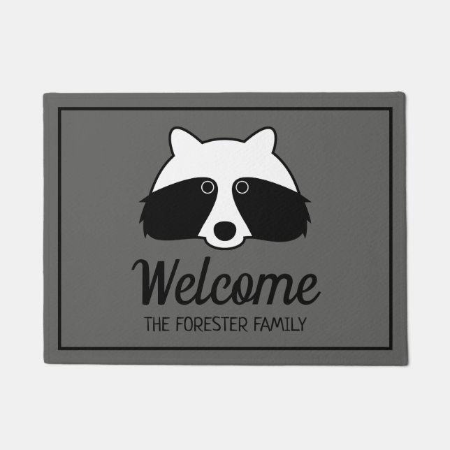 Cute black and white racoon personalised welcome doormat (Front)