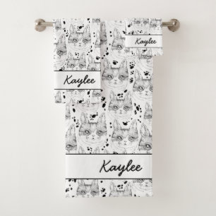 Cute Black and White Serene Cat Face Pattern  Bath Towel Set