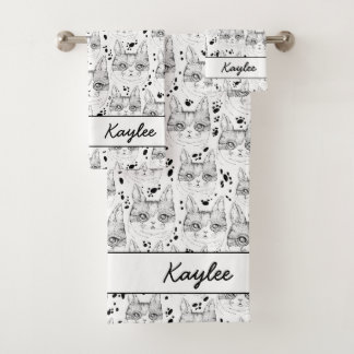 Cute Black and White Serene Cat Face Pattern Bath Towel Set