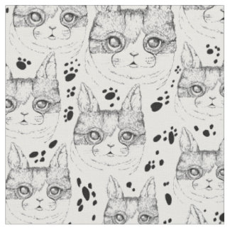 Cute Black and White Serene Cat Face Pattern  Fabric