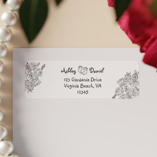 Cute Black and White Simple Floral Doodle Wedding