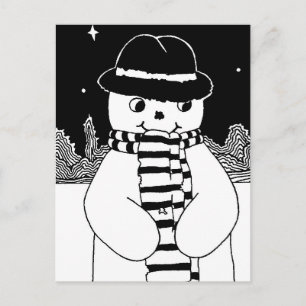 cute black and white snowman at christmas  holiday postcard
