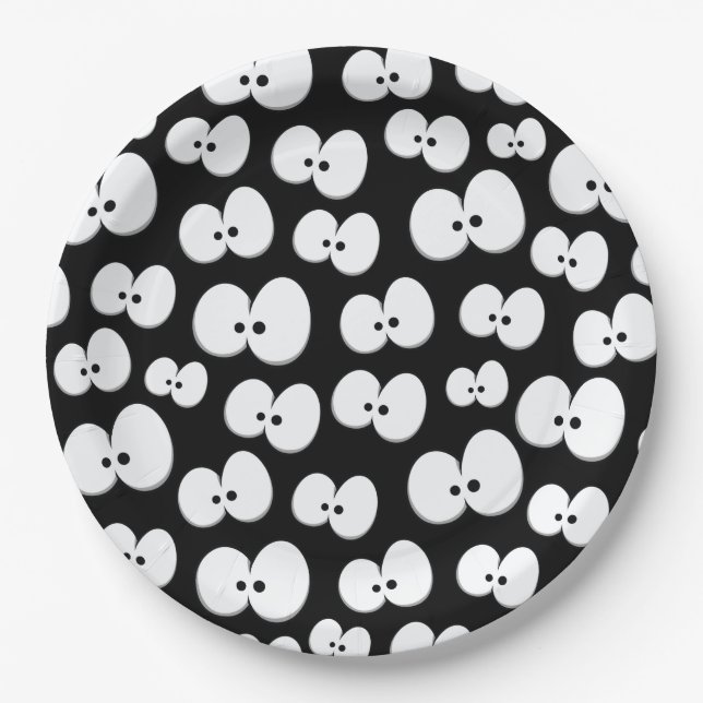 Cute Black and White Spooky Eyes Halloween Paper Plate (Front)