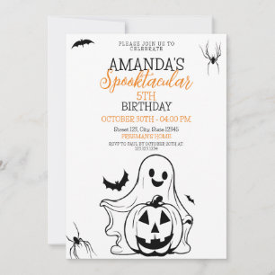 Cute Black and White Spooky Ghost Pumpkin Birthday Invitation