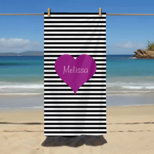 Cute Black And White Stripes Pattern Name Beach Towel