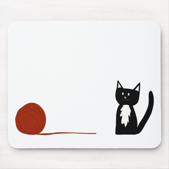 Cute Black and White Tuxedo Cat with Yarn Mouse Mat (Front)