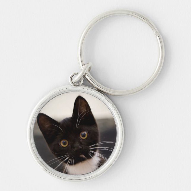 Cute Black And White Tuxedo Kitten Key Ring (Front)