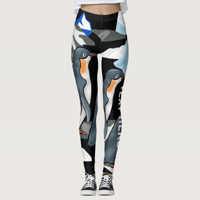 Cute Black Arctic Adventure Elegant Penguin Women  Leggings (Front)