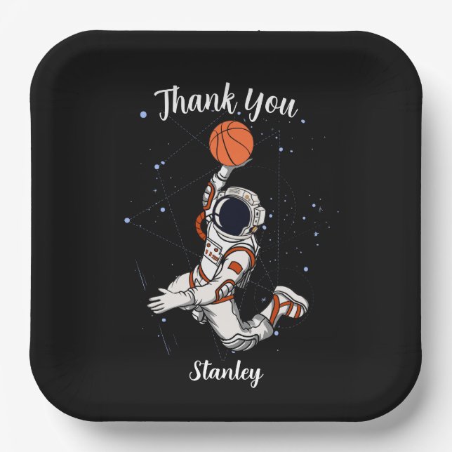 Cute Black Astronaut Outer Space Galaxy Basketball Paper Plate (Front)