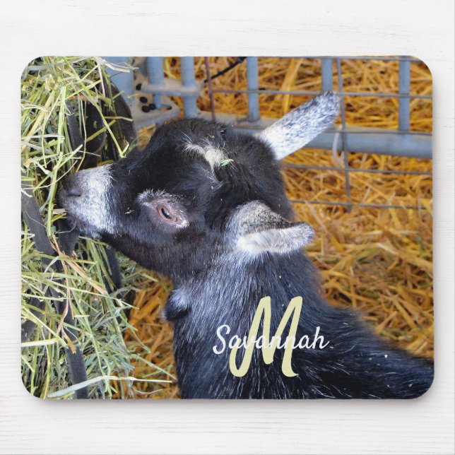 Cute Black Baby Goat Eating Hay Photo Monogram Mouse Mat (Front)