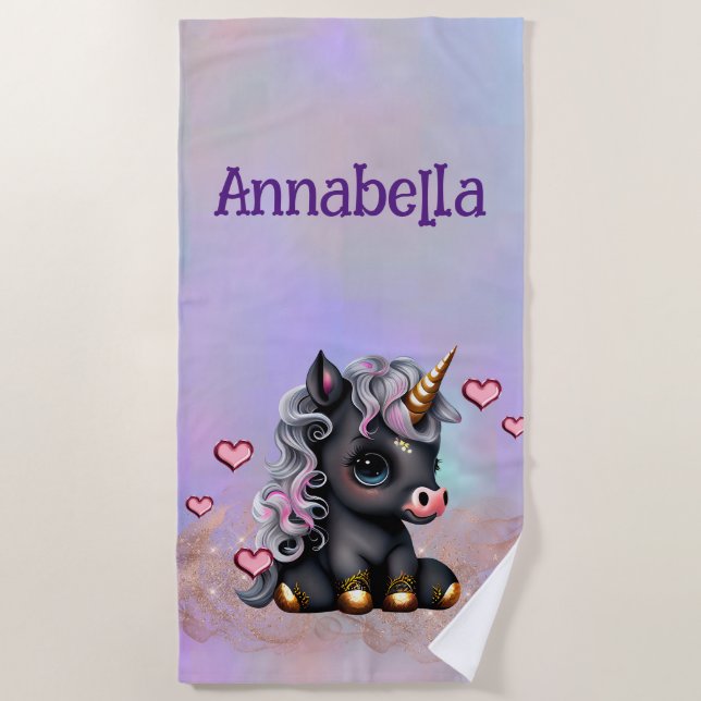 Cute Black Baby Unicorn and Hearts Beach Towel (Front)