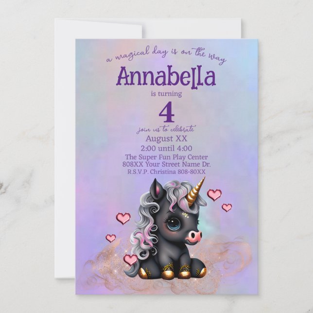 Cute Black Baby Unicorn and Hearts Invitation (Front)