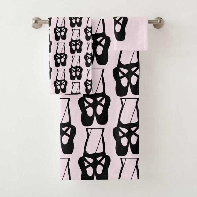 Cute Black Ballet Slippers En Pointe Pattern Bath Towel Set (Insitu)