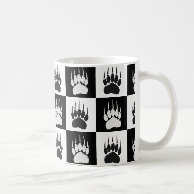 Cute Black Bear Paw Print Chequerboard Pattern Coffee Mug (Right)