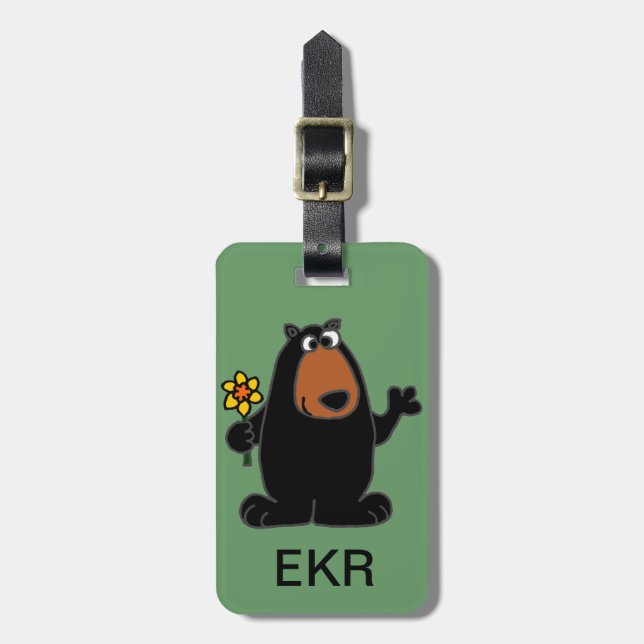Cute Black Bear with Daffodil Cartoon Luggage Tag (Front Vertical)