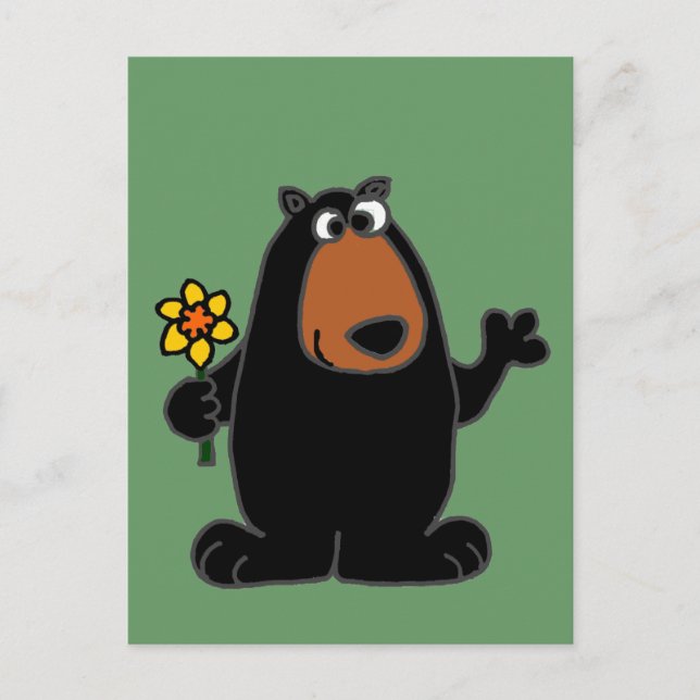 Cute Black Bear with Daffodil Cartoon Postcard (Front)