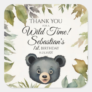 Cute Black Bear Woodland Thank You Birthday Square Sticker